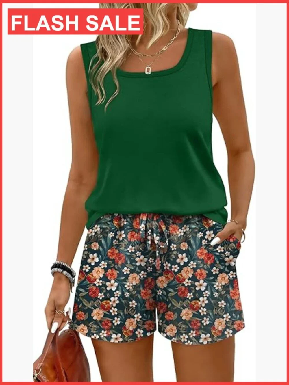 Large Women's Lounge Set with Pockets, Polyester Spandex, Summer Shorts & Tank